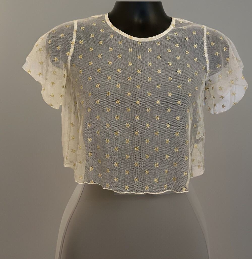Urban Outfitters Sheer Mesh Gold Stars Top Angel Sleeves Crop Fairy Celestial XS